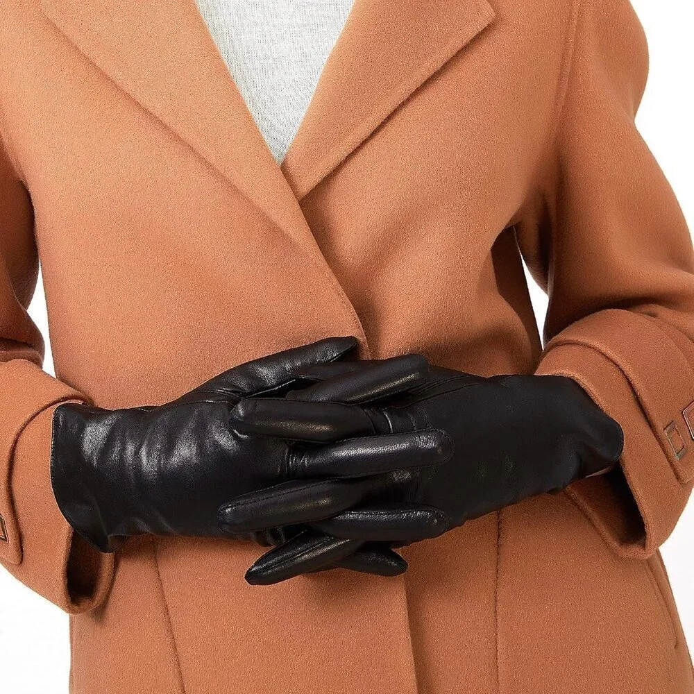 Women's Leather Gloves Genuine SheepSkin Leather Cold Weather Gloves Black